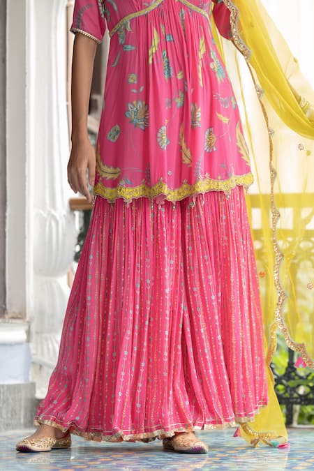 Shop_Rajiramniq_Yellow Organza, Crepe Floral, Tassel V Neck Fariba Bloom Print Kurta Set _Online_at_Aza_Fashions