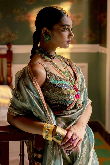 Rajiramniq_Blue Organza, Tissue Fariba Dhoop Chaon Saree With Unstitched Blouse Piece _Online_at_Aza_Fashions