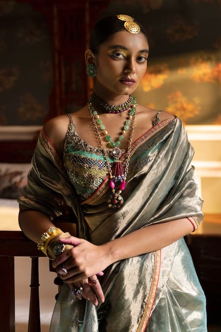 Buy_Rajiramniq_Blue Organza, Tissue Fariba Dhoop Chaon Saree With Unstitched Blouse Piece _Online_at_Aza_Fashions