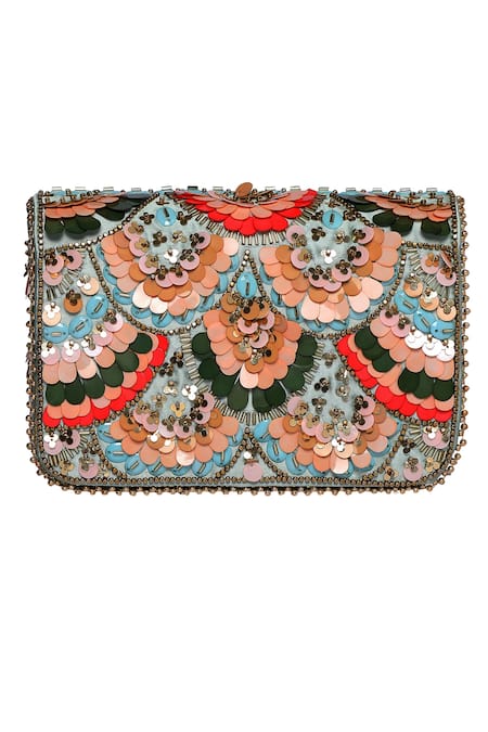 Fuchsia_Multi Color Sequins, Cut Work Embellished Wedges And Clutch Set _Online_at_Aza_Fashions