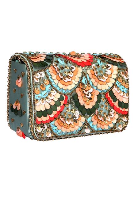 Buy_Fuchsia_Multi Color Sequins, Cut Work Embellished Wedges And Clutch Set _Online_at_Aza_Fashions