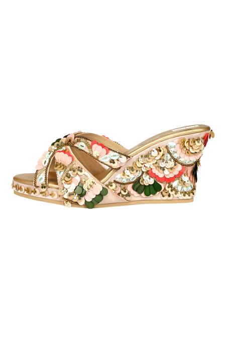Shop_Fuchsia_Multi Color Sequins, Cut Work Embellished Wedges And Clutch Set _Online_at_Aza_Fashions