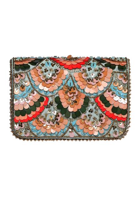 Fuchsia by aashaka mehta Multi Color Sequins, Cut Work, Stones Pop Embellished Block Heels And Clutch Set Online at Aza Fashions Fuchsia by aashaka mehta_Multi Color Sequins, Cut Work, Stones Pop Embellished Block Heels And Clutch Set _Online_at_Aza_Fashions