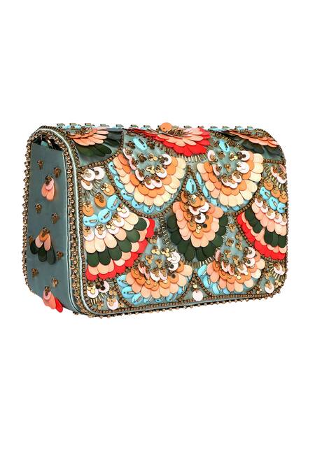 Buy Fuchsia by aashaka mehta Multi Color Sequins, Cut Work, Stones Pop Embellished Block Heels And Clutch Set Online at Aza Fashions Buy_Fuchsia by aashaka mehta_Multi Color Sequins, Cut Work, Stones Pop Embellished Block Heels And Clutch Set _Online_at_Aza_Fashions