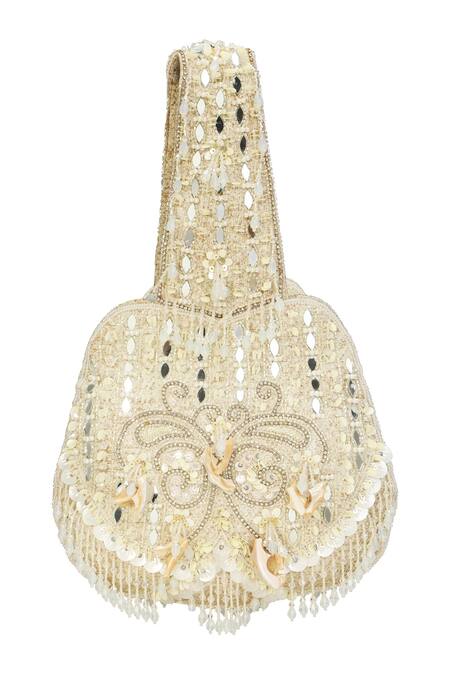 Fuchsia by aashaka mehta_Beige Mirrors, Sequins, Beads Embellished Block Heels And Potli Bag Set _Online_at_Aza_Fashions