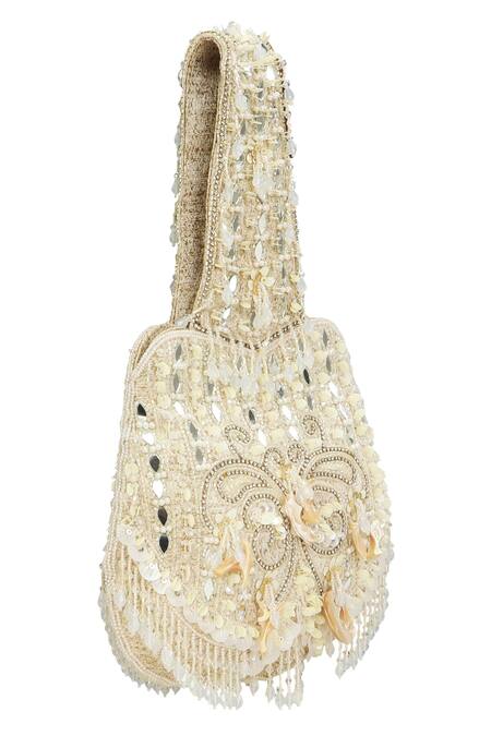 Buy_Fuchsia by aashaka mehta_Beige Mirrors, Sequins, Beads Embellished Block Heels And Potli Bag Set _Online_at_Aza_Fashions