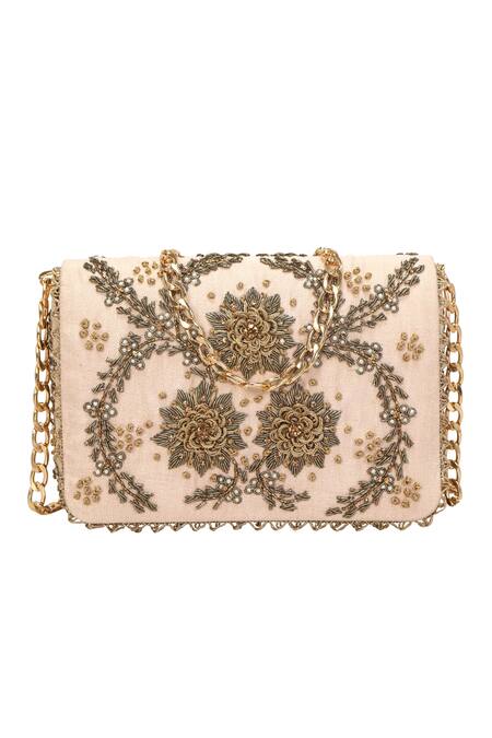 Fuchsia by aashaka mehta Peach Pearls, Zari, Cut Work Nargish Floral Embroidered Wedges And Clutch Set Online at Aza Fashions Fuchsia by aashaka mehta_Peach Pearls, Zari, Cut Work Nargish Floral Embroidered Wedges And Clutch Set _Online_at_Aza_Fashions