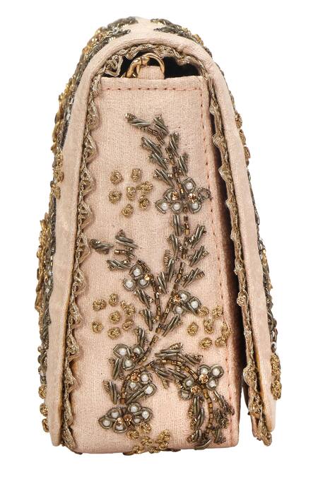 Buy Fuchsia by aashaka mehta Peach Pearls, Zari, Cut Work Nargish Floral Embroidered Wedges And Clutch Set Online at Aza Fashions Buy_Fuchsia by aashaka mehta_Peach Pearls, Zari, Cut Work Nargish Floral Embroidered Wedges And Clutch Set _Online_at_Aza_Fashions