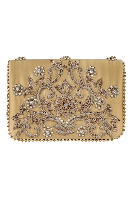 Fuchsia by aashaka mehta Gold Zari, Pearls, Sequins Chameli Embellished Wedges And Clutch Set Online at Aza Fashions Fuchsia by aashaka mehta_Gold Zari, Pearls, Sequins Chameli Embellished Wedges And Clutch Set _Online_at_Aza_Fashions