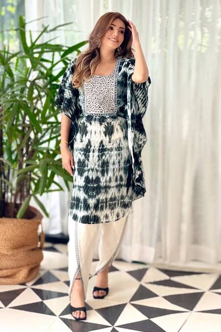 Buy_Shipraa Grover_Black Cotton Round Neck Gazal Tie Dye Patterned Kurta Dhoti Pant Set _Online_at_Aza_Fashions