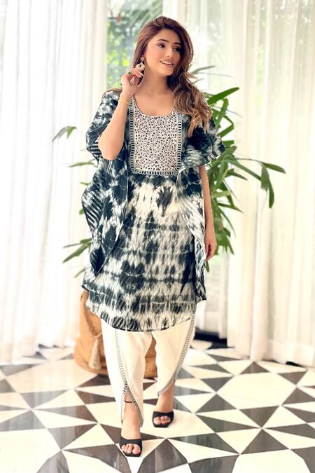 Shop_Shipraa Grover_Black Cotton Round Neck Gazal Tie Dye Patterned Kurta Dhoti Pant Set _Online_at_Aza_Fashions