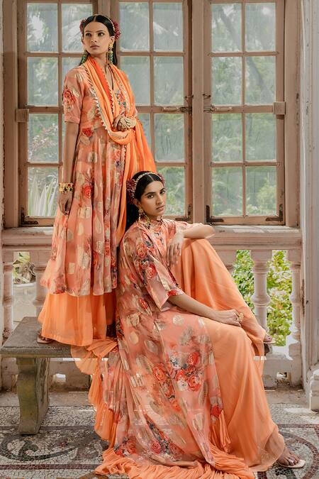 Shop_Amrin Khan_Peach Georgette And Chiffon & Embroidery Floral & Anarkali Palazzo Set _Online_at_Aza_Fashions