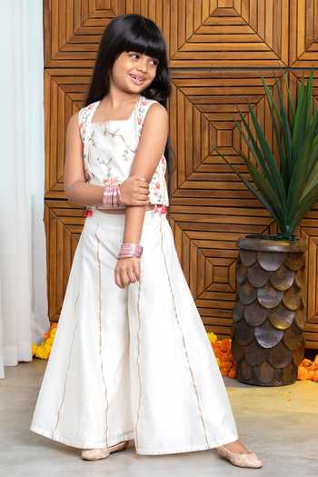 Free Sparrow_Ivory Cotton, Chanderi Silk Embroidery Floral Short Jacket And Palazzo Set _Online_at_Aza_Fashions