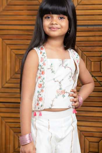 Buy_Free Sparrow_Ivory Cotton, Chanderi Silk Embroidery Floral Short Jacket And Palazzo Set _Online_at_Aza_Fashions