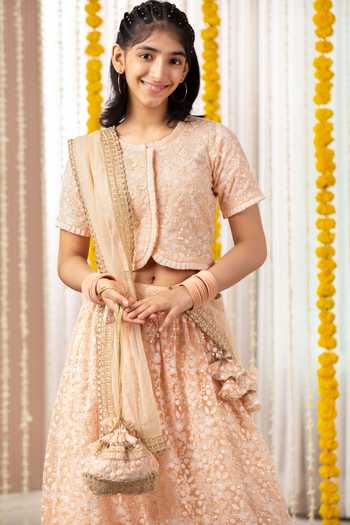 Free Sparrow Peach Cotton, Canvas, Net Tassels, Embroidery Thread Lehenga Set Online at Aza Fashions Free Sparrow_Peach Cotton, Canvas, Net Tassels, Embroidery Thread Lehenga Set _Online_at_Aza_Fashions
