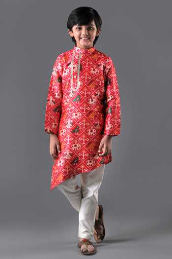 Free Sparrow_Red Silk, Cotton Gota Patti Patola Print Kurta Set _Online_at_Aza_Fashions