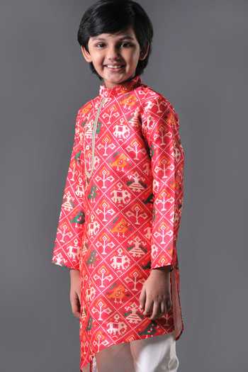 Buy_Free Sparrow_Red Silk, Cotton Gota Patti Patola Print Kurta Set _Online_at_Aza_Fashions