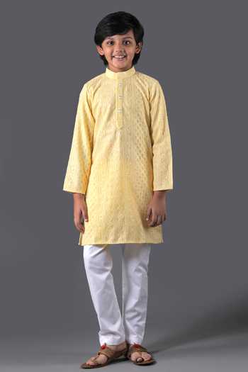 Free Sparrow_Yellow Cotton, Georgette Embroidery Lucknowi Thread Work Kurta Set _Online_at_Aza_Fashions