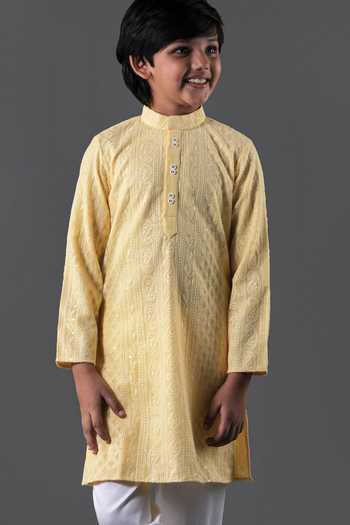 Buy_Free Sparrow_Yellow Cotton, Georgette Embroidery Lucknowi Thread Work Kurta Set _Online_at_Aza_Fashions