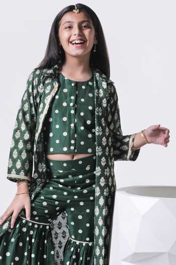 Free Sparrow_Green Chanderi Silk, Cotton Gota Patti, Forest Printed Jacket Sharara Set _Online_at_Aza_Fashions