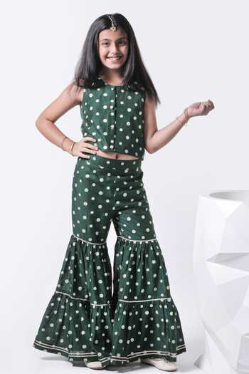 Buy_Free Sparrow_Green Chanderi Silk, Cotton Gota Patti, Forest Printed Jacket Sharara Set _Online_at_Aza_Fashions