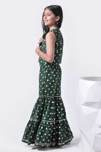 Shop_Free Sparrow_Green Chanderi Silk, Cotton Gota Patti, Forest Printed Jacket Sharara Set _Online_at_Aza_Fashions