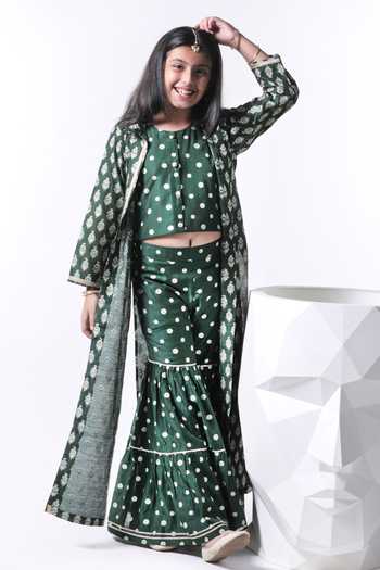 Free Sparrow_Green Chanderi Silk, Cotton Gota Patti, Forest Printed Jacket Sharara Set _at_Aza_Fashions