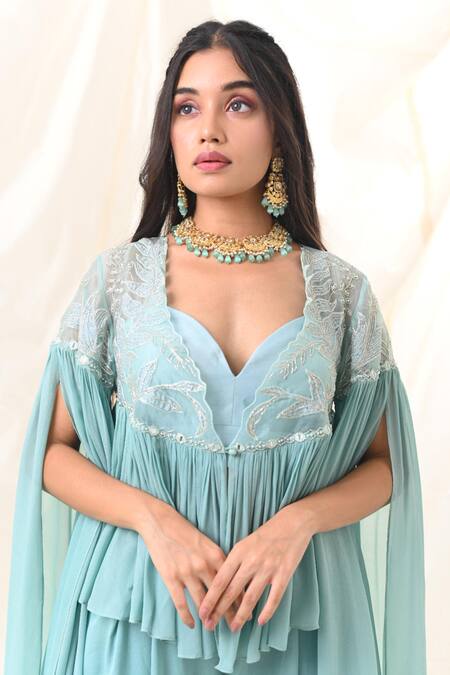 PIRI INDIA_Green Chanderi, Organza, Georgette Pearls, Sequins, Beads, Jacket Palazzo Set _Online_at_Aza_Fashions