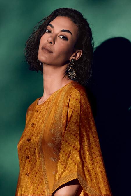 Label Varsha_Yellow Viscose Tassels Round Neck Bandhani Pattern Kaftan And Pant Set_Online_at_Aza_Fashions