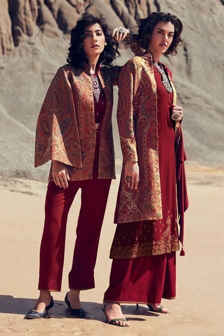 Label Varsha_Maroon Wool, Viscose, Pashmina Embroidery Mandarin Collar, Kurta Set With Jacket_Online_at_Aza_Fashions