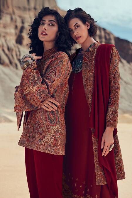 Buy_Label Varsha_Maroon Wool, Viscose, Pashmina Embroidery Mandarin Collar, Kurta Set With Jacket_Online_at_Aza_Fashions