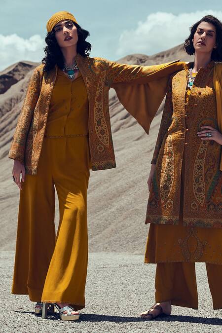 Buy_Label Varsha_Yellow Viscose, Pashmina Embroidery Mandarin Pant Set With Floral Woven Jacket _Online_at_Aza_Fashions