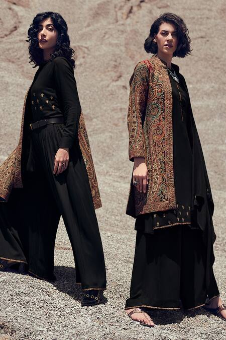 Label Varsha_Black Kurta Embroidery Floral Kurta Round Set With Long Woven Jacket_Online_at_Aza_Fashions