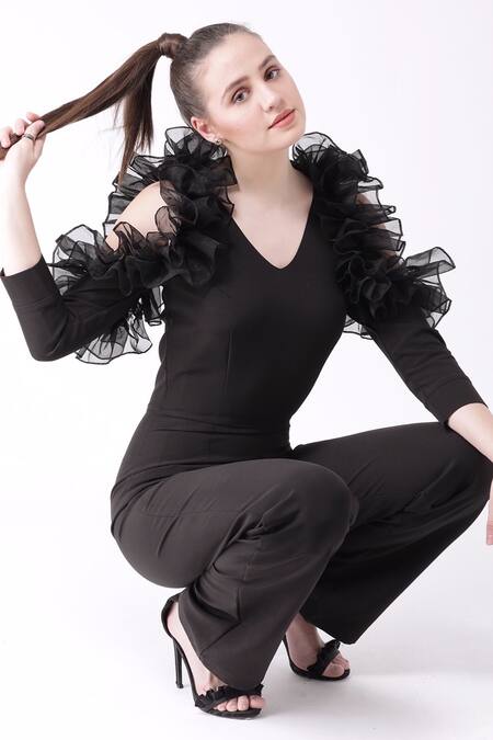 Ashico Black Ruffles V-neck Placed Jumpsuit Online at Aza Fashions Ashico_Black Ruffles V-neck Placed Jumpsuit_Online_at_Aza_Fashions