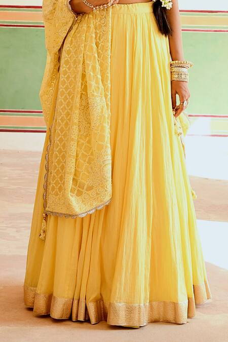 Karaj Jaipur_Yellow Cotton, Georgette Pom-poms, Pleated Lehenga And Chikankari Blouse Set _at_Aza_Fashions