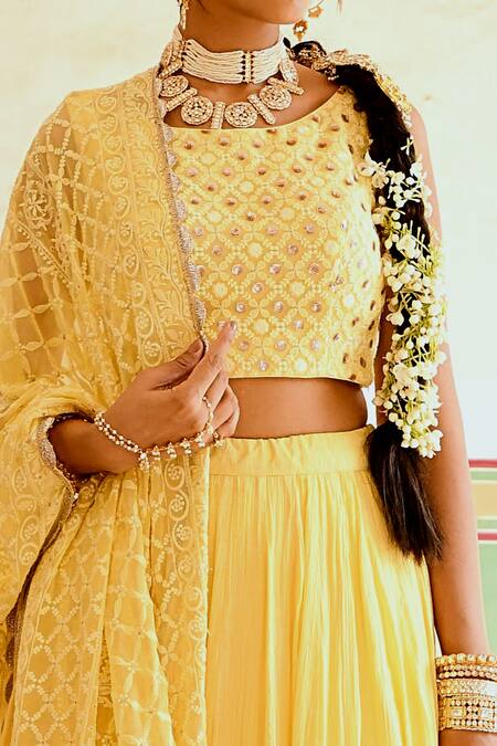 Buy_Karaj Jaipur_Yellow Cotton, Georgette Pom-poms, Pleated Lehenga And Chikankari Blouse Set 