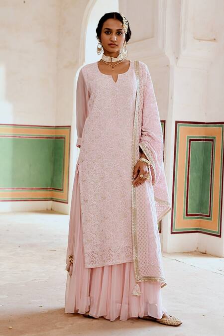 Karaj Jaipur Pink Georgette Embroidery Keyhole Neck Kurta Skirt Set at Aza Fashions Karaj Jaipur_Pink Georgette Embroidery Keyhole Neck Kurta Skirt Set _at_Aza_Fashions