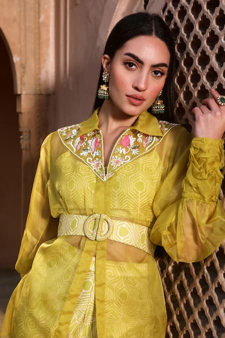 Dheeru Taneja_Green Organza, Chanderi Cut Work, Fiza Placement Embroidered Shirt Pant Set _Online_at_Aza_Fashions