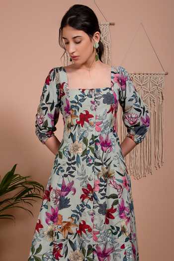 Aroop Shop India_Green Viscose Square Neck Leah Floral Print Dress _Online_at_Aza_Fashions