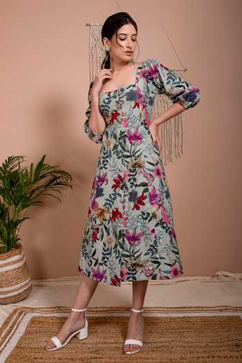 Buy_Aroop Shop India_Green Viscose Square Neck Leah Floral Print Dress _Online_at_Aza_Fashions