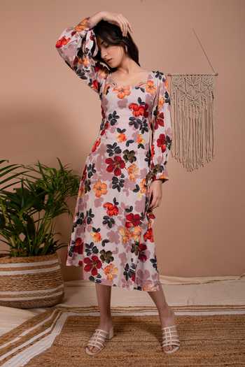 Aroop Shop India_Multi Color Viscose Square Neck Liana Flared Dress _Online_at_Aza_Fashions