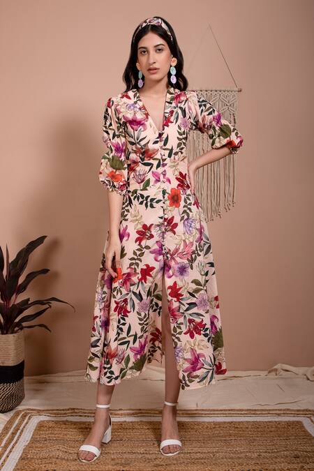 Buy_Aroop Shop India_Pink Tencel V-neck Amelia Button Down Dress _Online_at_Aza_Fashions