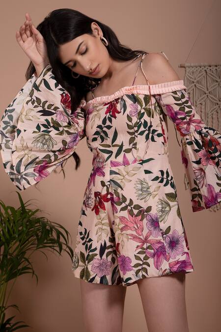 Aroop Shop India_Pink Tencel Sweetheart Neck Reya Floral Print Romper _Online_at_Aza_Fashions