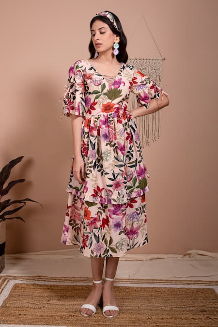 Aroop Shop India Pink Viscose V-neck Lita Petunia Print Dress Online at Aza Fashions Aroop Shop India_Pink Viscose V-neck Lita Petunia Print Dress _Online_at_Aza_Fashions