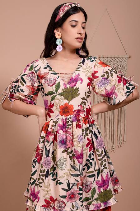 Buy Aroop Shop India Pink Viscose V-neck Lita Petunia Print Dress Online at Aza Fashions Buy_Aroop Shop India_Pink Viscose V-neck Lita Petunia Print Dress _Online_at_Aza_Fashions