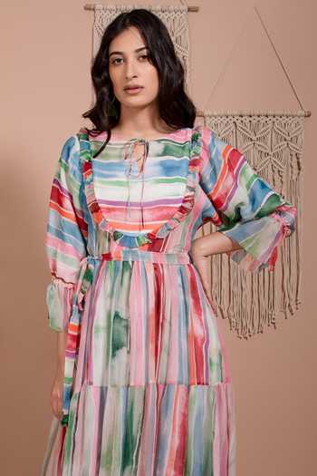 Aroop Shop India Multi Color Chiffon Ruffles Open Neck Mia Stripe Print Dress Online at Aza Fashions Aroop Shop India_Multi Color Chiffon Ruffles Open Neck Mia Stripe Print Dress _Online_at_Aza_Fashions