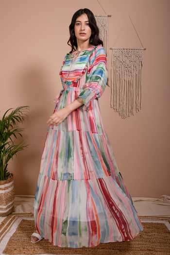 Buy Aroop Shop India Multi Color Chiffon Ruffles Open Neck Mia Stripe Print Dress Online at Aza Fashions Buy_Aroop Shop India_Multi Color Chiffon Ruffles Open Neck Mia Stripe Print Dress _Online_at_Aza_Fashions