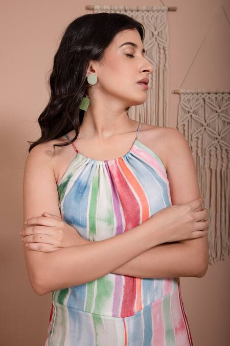 Aroop Shop India_Multi Color Chiffon Halter Neck Mia Stripe Print Jumpsuit _Online_at_Aza_Fashions