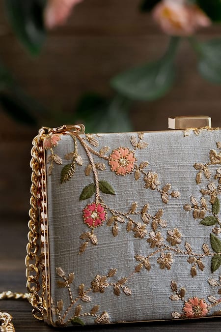 Amyra_Grey Embroidery Floral Creeper Pattern Box Clutch_Online_at_Aza_Fashions