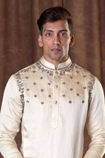 More Mischief_Beige Silk Linen Embroidery Floral Veil Kurta Set_Online_at_Aza_Fashions